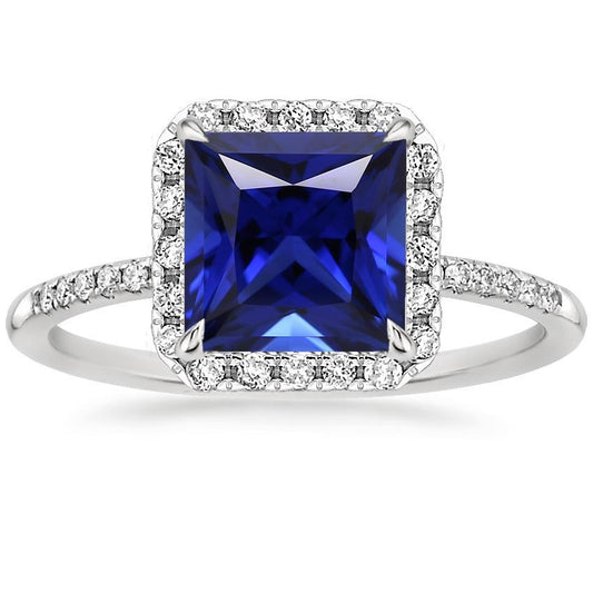 Damen Halo Ring Princess Blue Sapphire Mit Pave Diamants 5.50 Karat - harrychadent.de