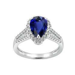 Damen Halo Ring Split Shank Birne Ceylon Saphir & Aus der Erde Abgebauter Natürlicher Diamanten 3 Karat