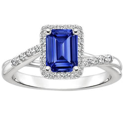 Damen Halo Ring Sri Lanka Saphir & Aus der Erde Abgebauter Natürlicher Diamant 4 Karat Weißgold 14K