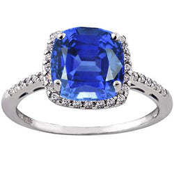 Damen Halo Ringkissen Ceylon Saphir & Aus der Erde Abgebauter Natürlicher Diamanten 5 Karat Gold 14K