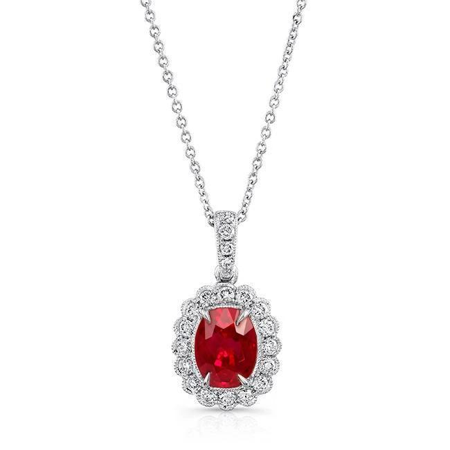 Damen Halskette Anhänger 3.30 ct. Roter Rubin mit Diamanten Weißgold 14K