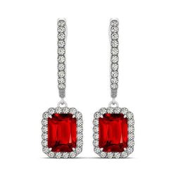 Damen Ohrhänger 9 Kt Roter Rubin Mit Aus der Erde Abgebauter Natürlicher Diamanten Weißgold