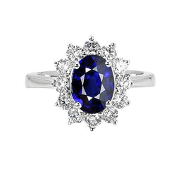 Damen Oval Blauer Saphir & Runder Aus der Erde Abgebauter Natürlicher Diamant Ring 8 Karat Sunburst Style