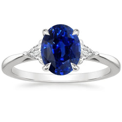 Damen Ring mit 3 Steinen Oval Blauer Saphir & Trillion Schliff Aus der Erde Abgebauter Natürlicher Diamant 3 Karat