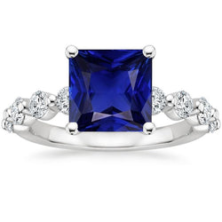 Damen Solitärring mit Akzenten 6 Karat Princess Cut Blauer Saphir