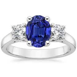 Aus der Erde Abgebauter Natürlicher Diamant 3 Steine Verlobungsring Oval Blauer Saphir 2.50 Karat