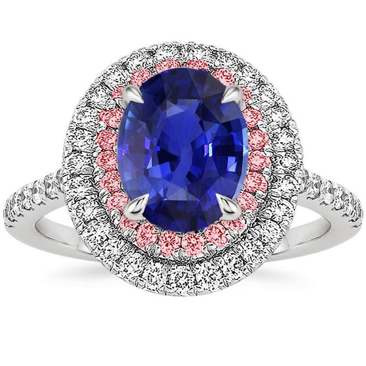 Diamant Doppel Halo Oval Blau & Rosa Saphir Ring 5 Karat Krappenset - harrychadent.de