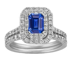 Aus der Erde Abgebauter Natürlicher Diamant Doppel Halo Smaragdblauer Saphir Ehering Set 5 Karat