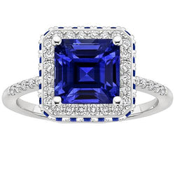 Aus der Erde Abgebauter Natürlicher Diamant-Edelstein-Ring Halo Princess Blue Sapphire Gold 14K 4,50 Karat