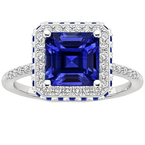 Diamant-Edelstein-Ring Halo Princess Blue Sapphire Gold 14K 4,50 Karat - harrychadent.de