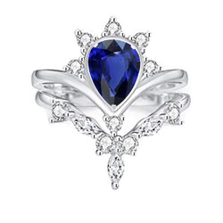 Aus der Erde Abgebauter Natürlicher Diamant Ehering Set Birne Ceylon Saphir 3 Karat Kronenstil