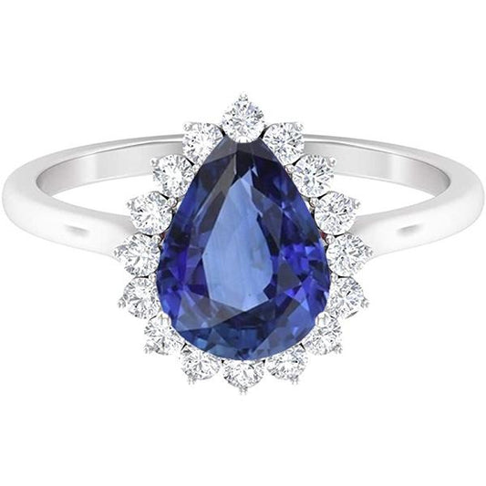 Diamant Halo Anniversary Birnenförmiger blauer Saphirring 4,50 Karat - harrychadent.de