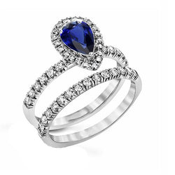 Aus der Erde Abgebauter Natürlicher Diamant Halo Birne Sri Lanka Saphir Ehering Set 2,50 Karat