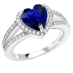 Diamant-Halo-Herzförmiger blauer Saphir-Ring mit geteiltem Schaft 4 Karat