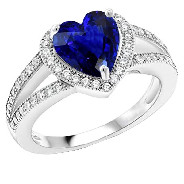 Diamant-Halo-Herzförmiger blauer Saphir-Ring mit geteiltem Schaft 4 Karat - harrychadent.de