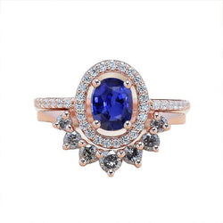 Aus der Erde Abgebauter Natürlicher Diamant Halo Oval Verlobungsring Set Blauer Saphir 3,50 Karat Gold