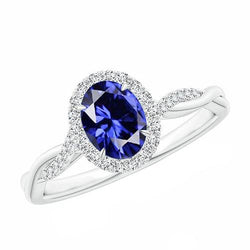 Diamant Halo Ring 4,25 Karat Oval Blauer Saphir Funkelndes Weißgold
