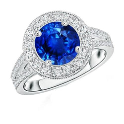 Aus der Erde Abgebauter Natürlicher Diamant Halo Ring Antik Stil Krappen Rund Blauer Saphir 2.50 Karat