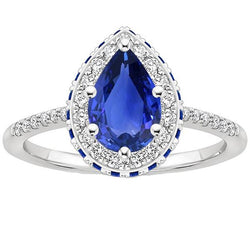 Aus der Erde Abgebauter Natürlicher Diamant Halo Ring Birne & runde blaue Saphire mit Akzenten 5,25 Karat