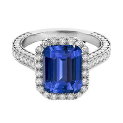 Aus der Erde Abgebauter Natürlicher Diamant Halo Smaragdblauer Saphirring 4 Karat Krappenset Milgrain