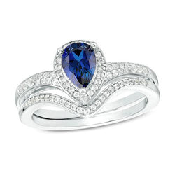 Aus der Erde Abgebauter Natürlicher Diamant Halo Verlobungsring Set Birnenschliff Blauer Saphir Neu 4 Karat