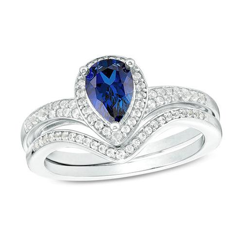 Diamant Halo Verlobungsring Set Birnenschliff Blauer Saphir Neu 4 Karat - harrychadent.de