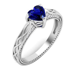 Diamant Herz Blauer Saphir Ring Milgrain & Filigraner Schaft 1,25 Karat