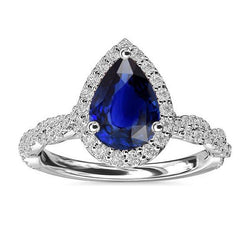 Diamant-Hochzeitshalo-Ring Birnenförmiger srilankischer Saphir 4 Karat