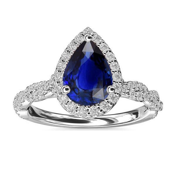 Diamant-Hochzeitshalo-Ring Birnenförmiger srilankischer Saphir 4 Karat - harrychadent.de
