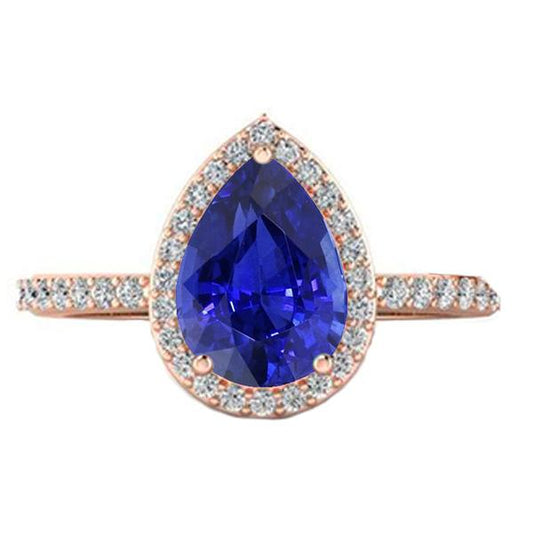 Diamant-Hochzeitshalo-Ring Birnenförmiger srilankischer Saphir 4 Karat - harrychadent.de