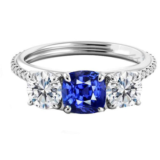 Diamant Kissen Blauer Saphir Ring 3 Steine Stil & Akzente 3,50 Karat - harrychadent.de