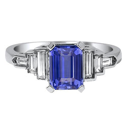 Aus der Erde Abgebauter Natürlicher Diamant Smaragdblauer Saphir mit Baguette-Akzenten Ring 3 Karat