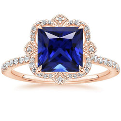 Aus der Erde Abgebauter Natürlicher Diamantring Vintage Style Princess Blue Saphir mit Akzenten 6 Karat