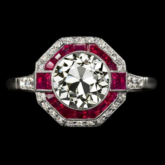 Doppel-Halo-Altschliff-Diamant-Ring Prinzessin & Trapez-Rubine 5 Karat - harrychadent.de