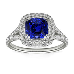 Doppel-Halo-Kissen Saphir-Ring Pave Split Shank Aus der Erde Abgebauter Natürlicher Diamanten 4 Karat
