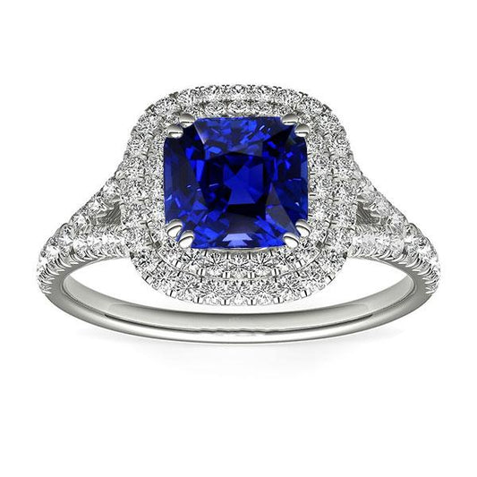 Doppel-Halo-Kissen Saphir-Ring Pave Split Shank Diamanten 4 Karat - harrychadent.de