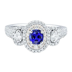 Doppel Halo Kissen Saphir Ring Split Shank 3 Karat Weißgold 14K