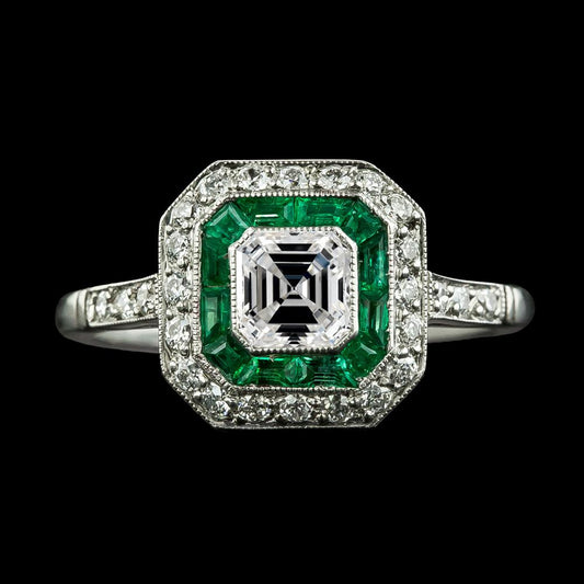 Doppel Halo Ring Asscher Diamant & Trapez Grüner Smaragd 4 Karat - harrychadent.de