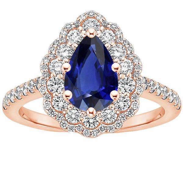 Doppel Halo Ring Rose Gold Flower Style Birne Ceylon Saphir 4 Karat - harrychadent.de