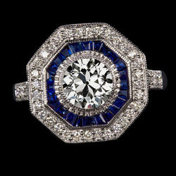 Doppelter Halo Blue Saphir Ring Old Cut Lünette mit Aus der Erde Abgebauter Natürlicher Diamant 4.50 Karat