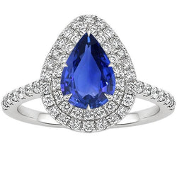 Doppelter Halo Ring Birnenschliff Ceylon Saphir & Aus der Erde Abgebauter Natürlicher Diamanten 4,50 Karat