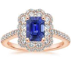 Doppelter Halo-Ring Smaragd srilankischer Saphir & Aus der Erde Abgebauter Natürlicher Diamant 5 Karat