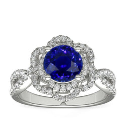 Doppelter Halo runder blauer Saphirring im Blumenstil 5 Karat geteilter Schaft