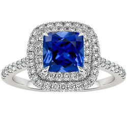 Double Halo Aus der Erde Abgebauter Natürlicher Diamant Ringkissen Ceylon Saphir Akzente 3,25 Karat