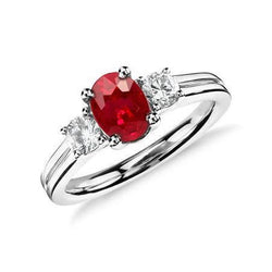 Drei Steine 3.50 Karat Rubin und Aus der Erde Abgebauter Natürlicher Diamanten Ehering WG 14K