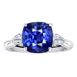 Drei Steine Birne Aus der Erde Abgebauter Natürlicher Diamant & Kissen Blauer Saphir Ring 3.50 Karat