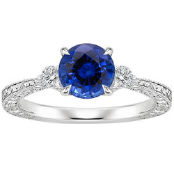 Drei-Steine-Goldring Rund Ceylon Saphir & Aus der Erde Abgebauter Natürlicher Diamant 2,50 Karat Neu