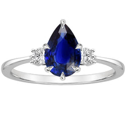 Drei-Steine-Jubiläumsring Birne Blauer Saphir & Aus der Erde Abgebauter Natürlicher Diamanten 3 Karat