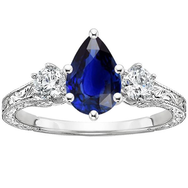 Drei-Steine-Ring Antik-Stil Birne Blauer Saphir & Diamanten 5 Karat - harrychadent.de