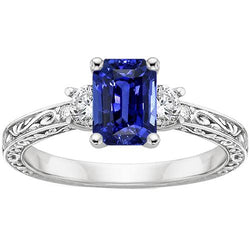 Drei-Steine-Ring Antik-Stil Blauer Saphir & Aus der Erde Abgebauter Natürlicher Diamanten 4,50 Karat